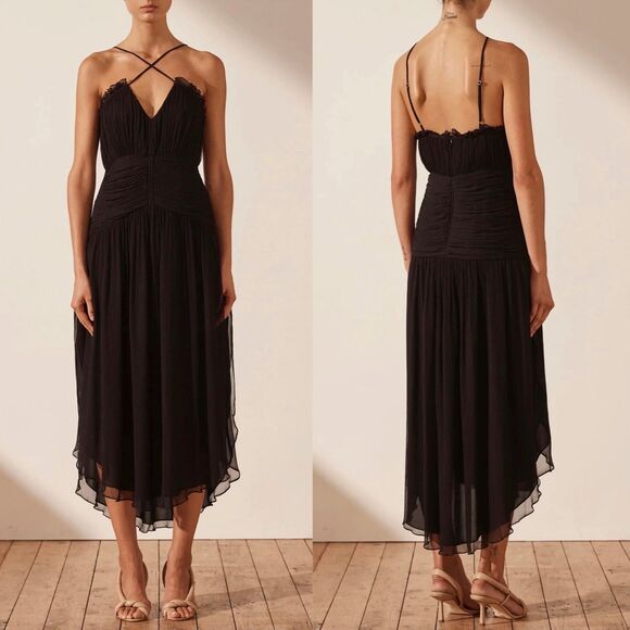 Shona Joy Lauren Cross Front Chiffon Midi Dress in Black Sz 8 Leg Cutout